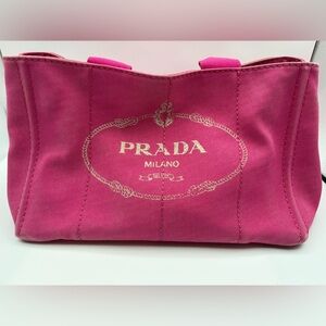 PRADA Canapa Pink Denim Tote Small | Gold Logo Plaque